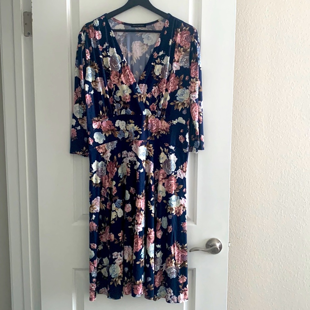 Audrey Whitmore Navy Blue Floral Print Silky Soft A-Line Dress